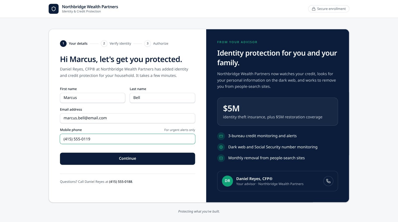 Client sign-up page branded as the advisor's firm, with coverage amount and advisor contact
